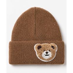 Babyhug Knit Solid Woollen Cap with Bear Embroidered Applique Light Brown - Diameter 15 cm