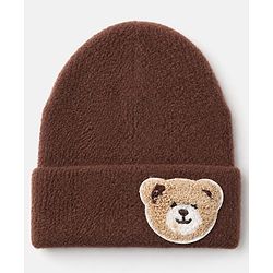 Babyhug Knit Solid Woollen Cap with Bear Embroidered Applique Brown - Diameter 15 cm