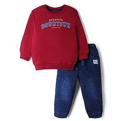 Babyhug Single Jersey Knit Full Sleeves T-Shirt With Text Print & Joggers Set - Red & Blue