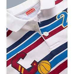 Babyhug Single Jersey Knit Full Sleeves Striped T-Shirt & Jeans Set With Varsity Print - White & Blue