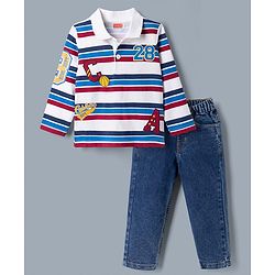 Babyhug Single Jersey Knit Full Sleeves Striped T-Shirt & Jeans Set With Varsity Print - White & Blue