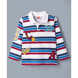 Babyhug Single Jersey Knit Full Sleeves Striped T-Shirt & Jeans Set With Varsity Print - White & Blue