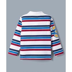 Babyhug Single Jersey Knit Full Sleeves Striped T-Shirt & Jeans Set With Varsity Print - White & Blue