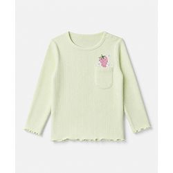Babyhug 100% Cotton Ribbed Knit Full Sleeves Winter T-Shirt with Strawberry Embroidery & Pocket - Light Green
