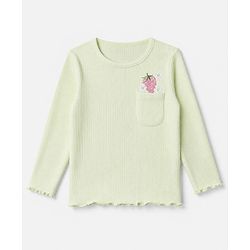 Babyhug 100% Cotton Ribbed Knit Full Sleeves Winter T-Shirt with Strawberry Embroidery & Pocket - Light Green