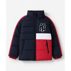 Babyhug Woven Full Sleeves Hooded Padded Winter Jacket With Text Embroidery - Navy Blue