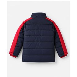 Babyhug Woven Full Sleeves Hooded Padded Winter Jacket With Text Embroidery - Navy Blue
