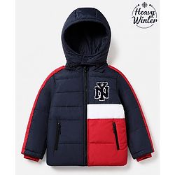 Babyhug Woven Full Sleeves Hooded Padded Winter Jacket With Text Embroidery - Navy Blue