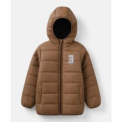 Babyhug Woven Full Sleeves Padded Hooded Winter Jacket with B Patch - Brown