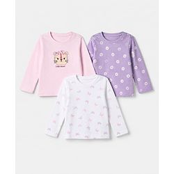 Babyhug 100% Cotton Interlock Knit Full Sleeves T-Shirts With Flower & Butterfly Print Pack Of 3 - Purple White & Pink