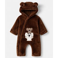 Babyhug Fur Knit Winter Romper with Full Sleeves and Koala Patch & Applique - Brown