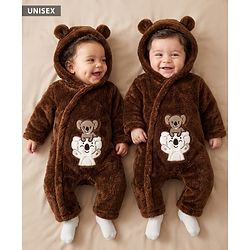 Babyhug Fur Knit Winter Romper with Full Sleeves and Koala Patch & Applique - Brown