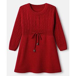 Babyhug Knit Full Sleeves Woolen Dress with Cable Knit Design - Red