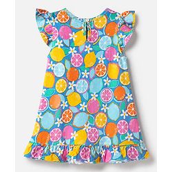 Babyhug Cotton Knit Half Frill Sleeves Full Length Nighty with Lemon Orange & Floral Print - Teal Blue
