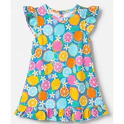 Babyhug Cotton Knit Half Frill Sleeves Full Length Nighty with Lemon Orange & Floral Print - Teal Blue