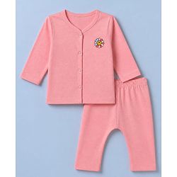 Babyhug Cotton Knit Front Open Full Sleeves T-Shirt & Pajama Night Suit with Flower Print - Peach