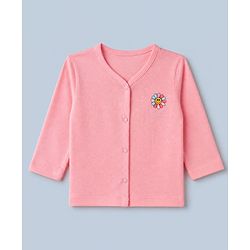 Babyhug Cotton Knit Front Open Full Sleeves T-Shirt & Pajama Night Suit with Flower Print - Peach