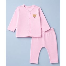 Babyhug Cotton Knit Front Open Full Sleeves T-Shirt & Pajama Night Suit with Teddy Print - Light Pink