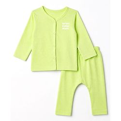 Babyhug Cotton Knit Front Open Full Sleeves T-Shirt & Pajama Night Suit with Cutest Cuddle Buddy Text Print - Light Green