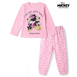 Babyhug Disney 100% Cotton Single Jersey Knit Full Sleeves T-Shirt & Pyjama Night Suit With Minnie Mouse Print - Baby Pink