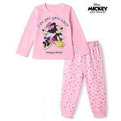 Babyhug Disney 100% Cotton Single Jersey Knit Full Sleeves T-Shirt & Pyjama Night Suit With Minnie Mouse Print - Baby Pink