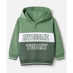 Babyhug 100% Cotton Ottoman Heavy Gauge Knit Front Open Hooded Sweatshirt with Full Raglan Sleeves and Awesome Today Print - Green