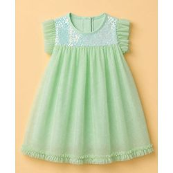 Babyhug Sequin Woven Solid Mesh Embroidered York Ruffle Sleeves Onesie - Green