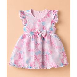 Babyhug Organza Woven Solid Ruffle Sleeves Onesie with Bow at York Party - Pink