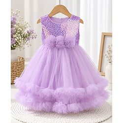 Babyhug Sequinned Solid Mesh Sleeveless Party Dress With Floral Applique - Lilac