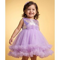 Babyhug Sequinned Solid Mesh Sleeveless Party Dress With Floral Applique - Lilac