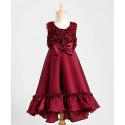 Babyhug Organza Woven Sleeveless Party Gown With Floral & Yok With Bow Applique - Wine