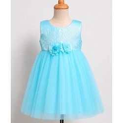 Babyhug Solid Mesh Sleeveless Party Dress with Sequins York and Corsage Flowers at York - Light Blue