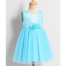 Babyhug Solid Mesh Sleeveless Party Dress with Sequins York and Corsage Flowers at York - Light Blue