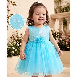 Babyhug Solid Mesh Sleeveless Party Dress with Sequins York and Corsage Flowers at York - Light Blue