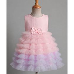 Babyhug Solid Mesh Woven Sleeveless Party Dress & Pleated York with Bow Applique - Pink