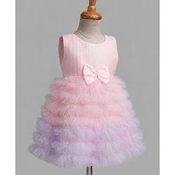 Babyhug Solid Mesh Woven Sleeveless Party Dress & Pleated York with Bow Applique - Pink