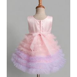 Babyhug Solid Mesh Woven Sleeveless Party Dress & Pleated York with Bow Applique - Pink