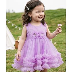 Babyhug Solid Mesh Woven Sleeveless Party Dress with Corsage Flowers on York - Lilac
