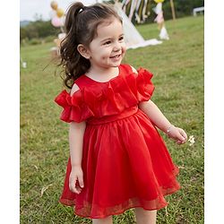 Babyhug Solid Organzza Woven Sleeveless Party Dress with Cold Shoulder Ruffle Detailing - Red