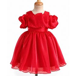 Babyhug Solid Organzza Woven Sleeveless Party Dress with Cold Shoulder Ruffle Detailing - Red