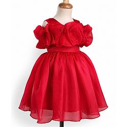 Babyhug Solid Organzza Woven Sleeveless Party Dress with Cold Shoulder Ruffle Detailing - Red