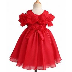 Babyhug Solid Organzza Woven Sleeveless Party Dress with Cold Shoulder Ruffle Detailing - Red