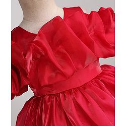Babyhug Solid Organzza Woven Sleeveless Party Dress with Cold Shoulder Ruffle Detailing - Red