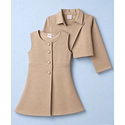 Babyhug Solid Twill Knit A-Line Dress with Full Sleeves Jacket - Beige