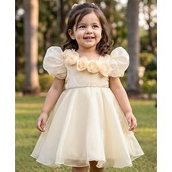 Babyhug Organza Woven Half Puffed Sleeves One Piece Party Dress With Flower Applique - Cream