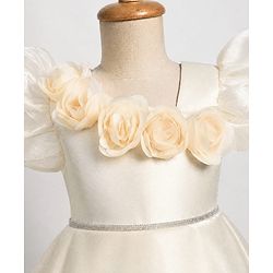 Babyhug Organza Woven Half Puffed Sleeves One Piece Party Dress With Flower Applique - Cream