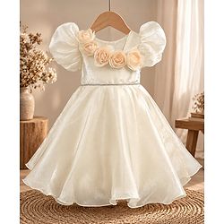 Babyhug Organza Woven Half Puffed Sleeves One Piece Party Dress With Flower Applique - Cream