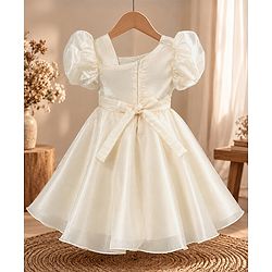 Babyhug Organza Woven Half Puffed Sleeves One Piece Party Dress With Flower Applique - Cream