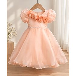 Babyhug Organza Woven Half Puffed Sleeves One Piece Party Dress With Flower Applique - Peach