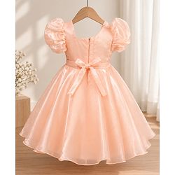 Babyhug Organza Woven Half Puffed Sleeves One Piece Party Dress With Flower Applique - Peach